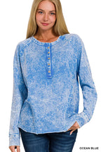 Zenana Womens T-shirt Ocean Blue Washed French Terry Half Button Top OCEAN BLUE 3cc284edbaf74255b624926f03049516-Max-Origin Trendsi