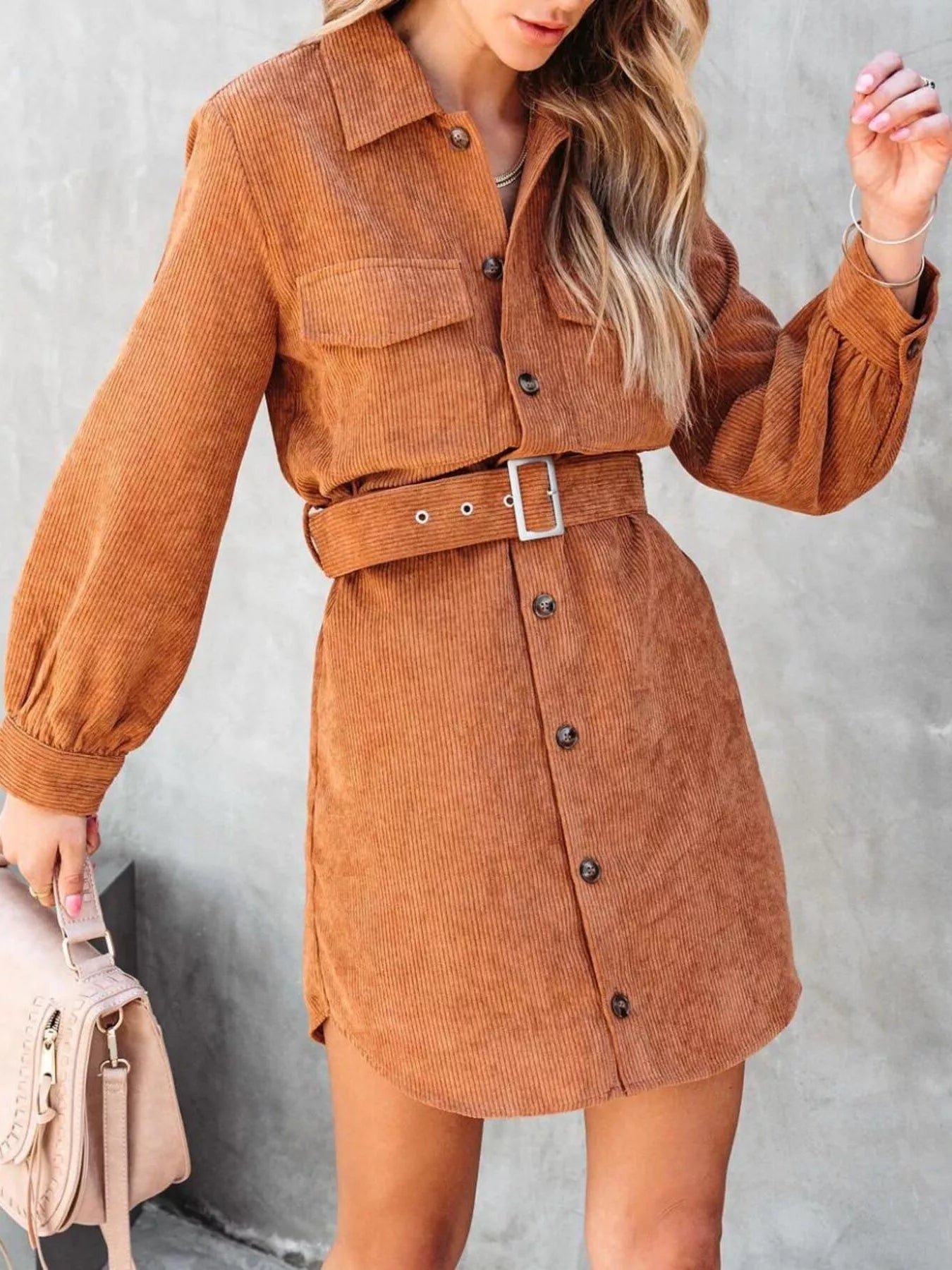Corduroy Mini Shirt Dress Button Front Belt Long Sleeve Light Brown 3cc9b029-3151-484f-8b1b-7f59f9b5347c-Max-Origin Trendsi