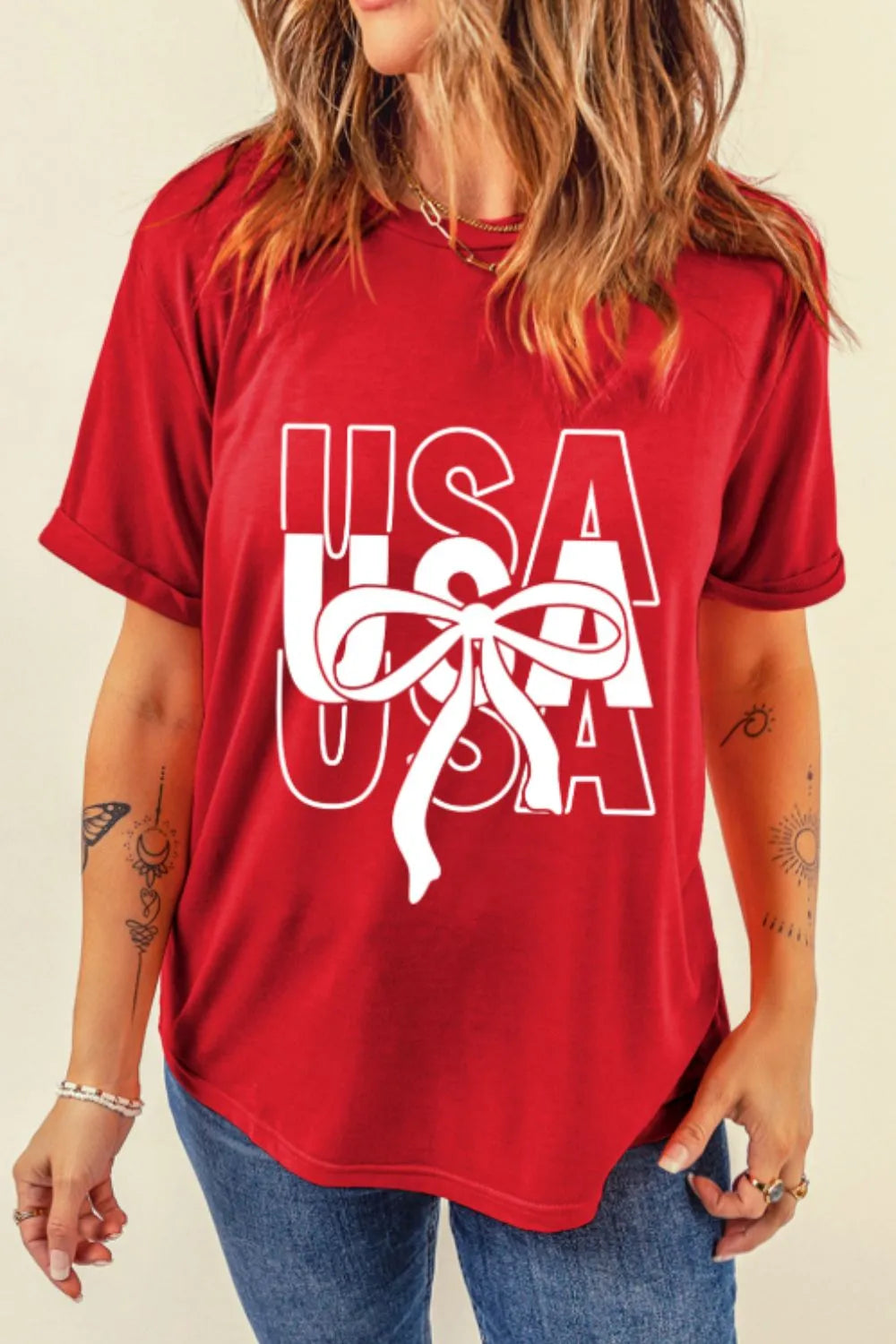 Women's T-Shirt Patriotic USA Bow Graphic Print Red Short Sleeve Top Tees 3cd7b8f6-e5a9-4ea6-8384-606ceaecc55b-Max-Origin Trendsi