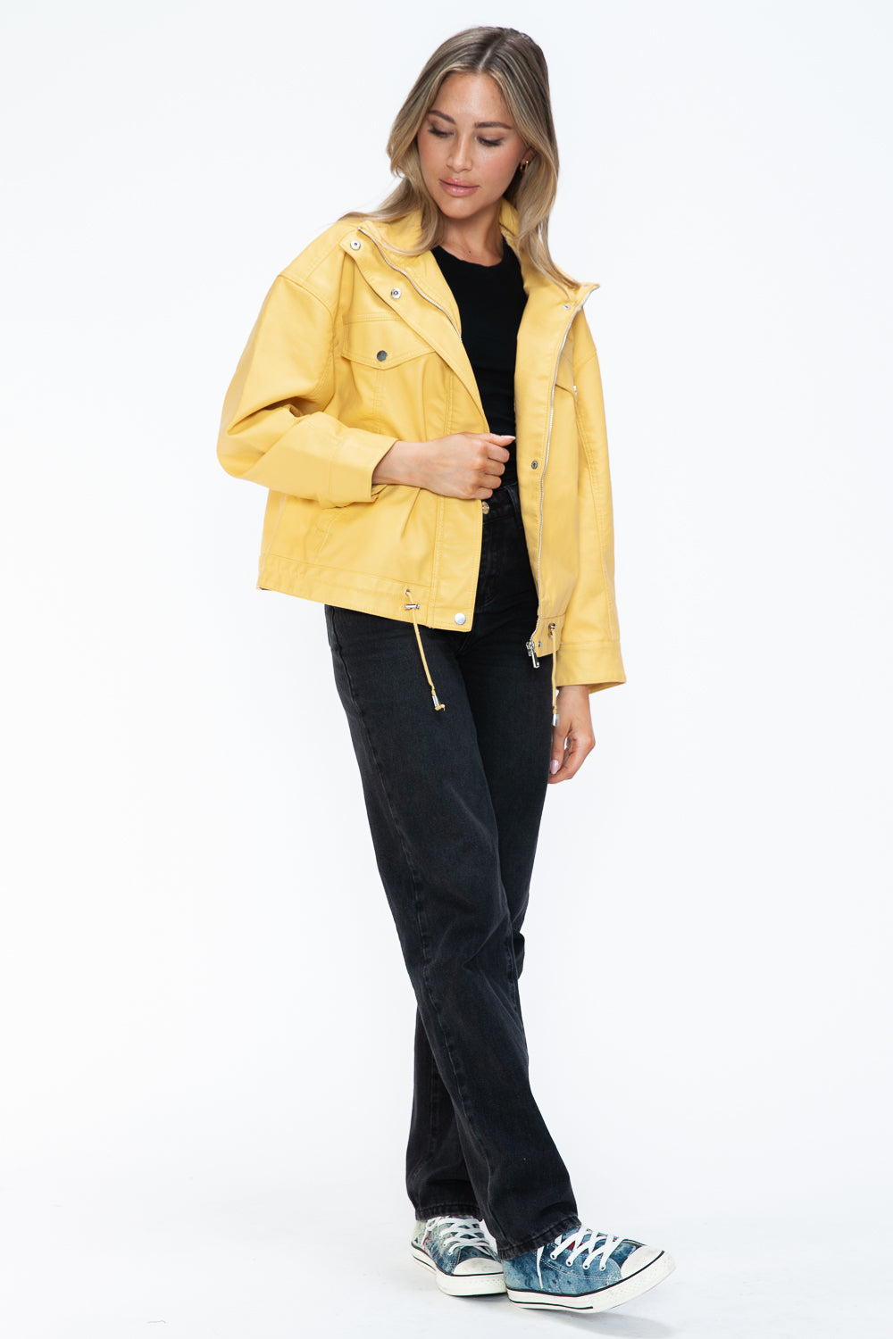 How Dare U Women PU Leather Jacket Drawstring Hem Zip Up Jacket Yellow