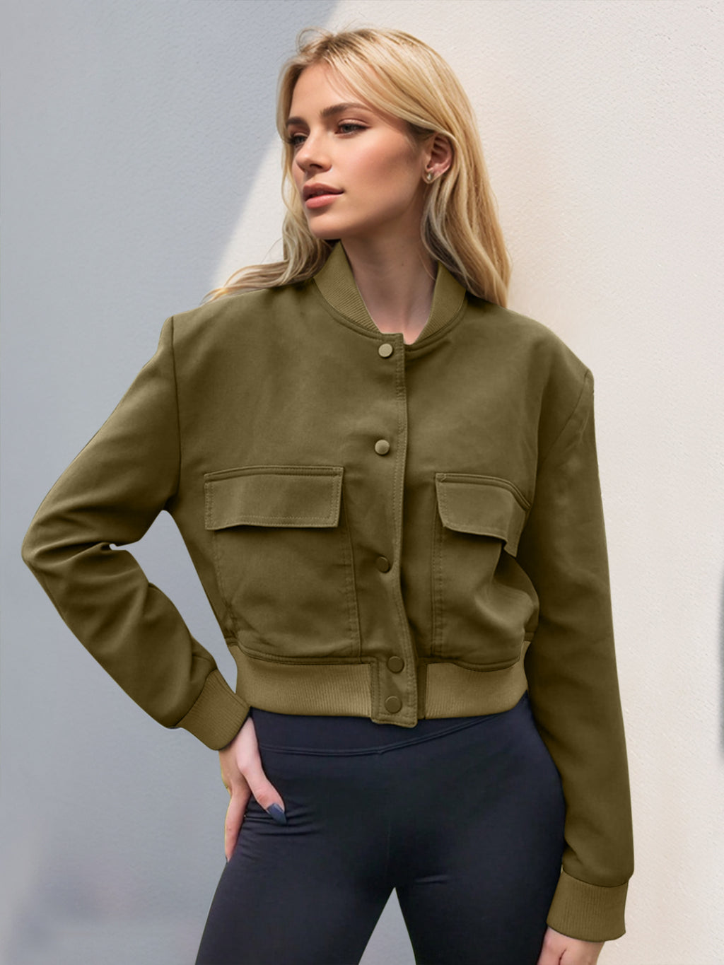 Leopard Cropped Women Jacket Baseball Collar Pocketed Snap Long Sleeve Moss 3cde6425-5e7d-4d5c-8715-f12fbe0a8bdf-Max Trendsi