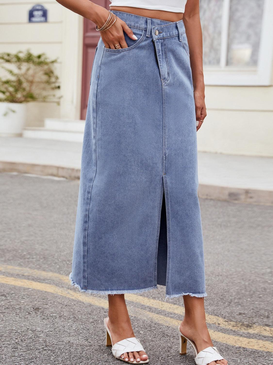 Denim Skirt Front Slit Asymmetrical High Waist Midi Jeans Skirts 3cdf8b9a-e02c-4b79-9475-23c9a1ccecac-Max Trendsi
