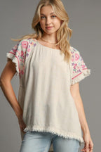 Umgee Blouse Linen Cotton Round Neck High Low Hem Frayed Top 3ce3c9ca-c43a-4222-bda6-eebd37ae643f-Max Trendsi