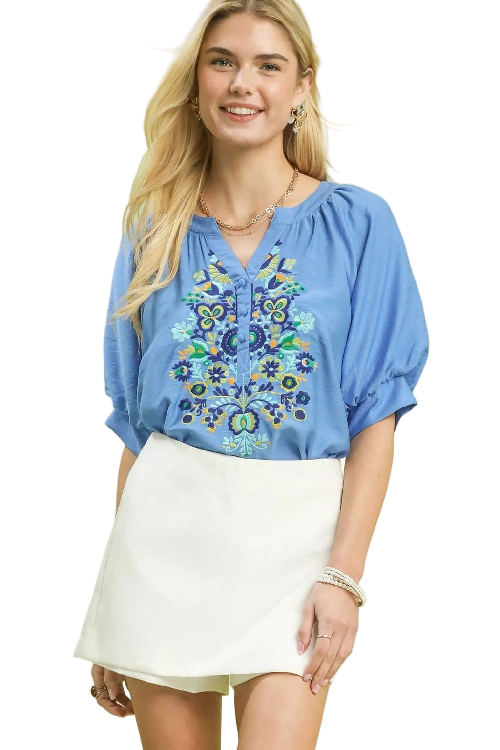 Umgee Embroidered Puff Sleeve Blouse with Floral Detailing