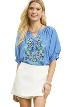 Umgee Embroidered Puff Sleeve Blouse with Floral Detailing