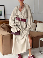 Tie Neck Maxi Dress with Flounce Sleeves
