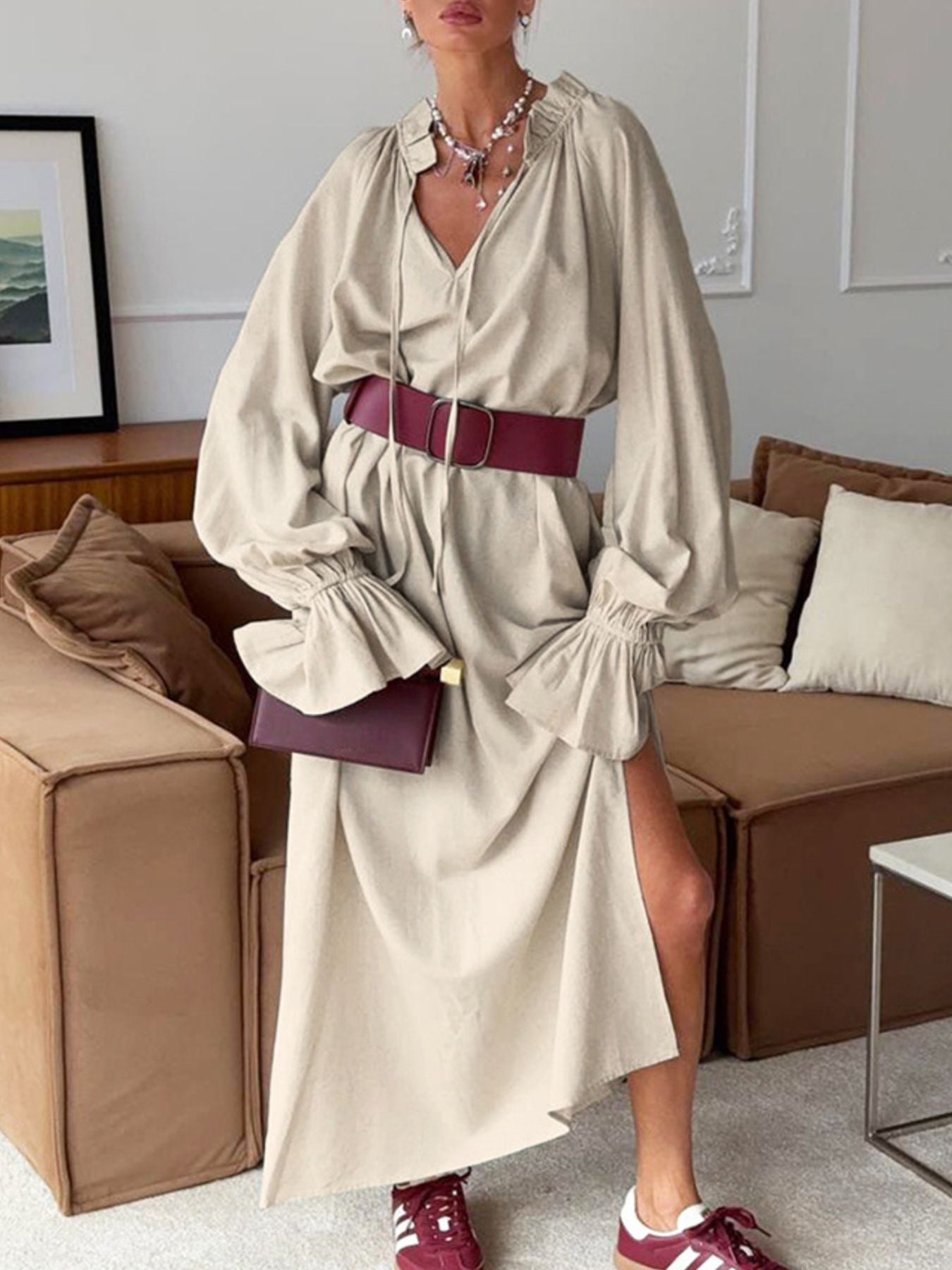 Tie Neck Maxi Dress with Flounce Sleeves