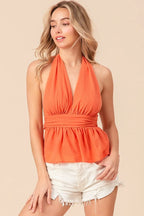 BiBi Tank Top Orange Ruched Back Open With Halter Neck Wrinkled 3cf310fb152045f28af12a6917398bb5-Max-Origin Trendsi