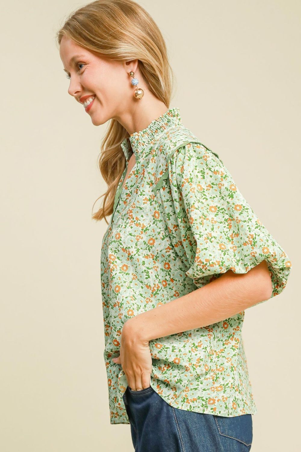Umgee Blouse Floral Print Light Green Puff Short Sleeve Smocked Top 3cf6aee8-3098-4a6a-8c3a-e9fd0c74c206-Max Trendsi