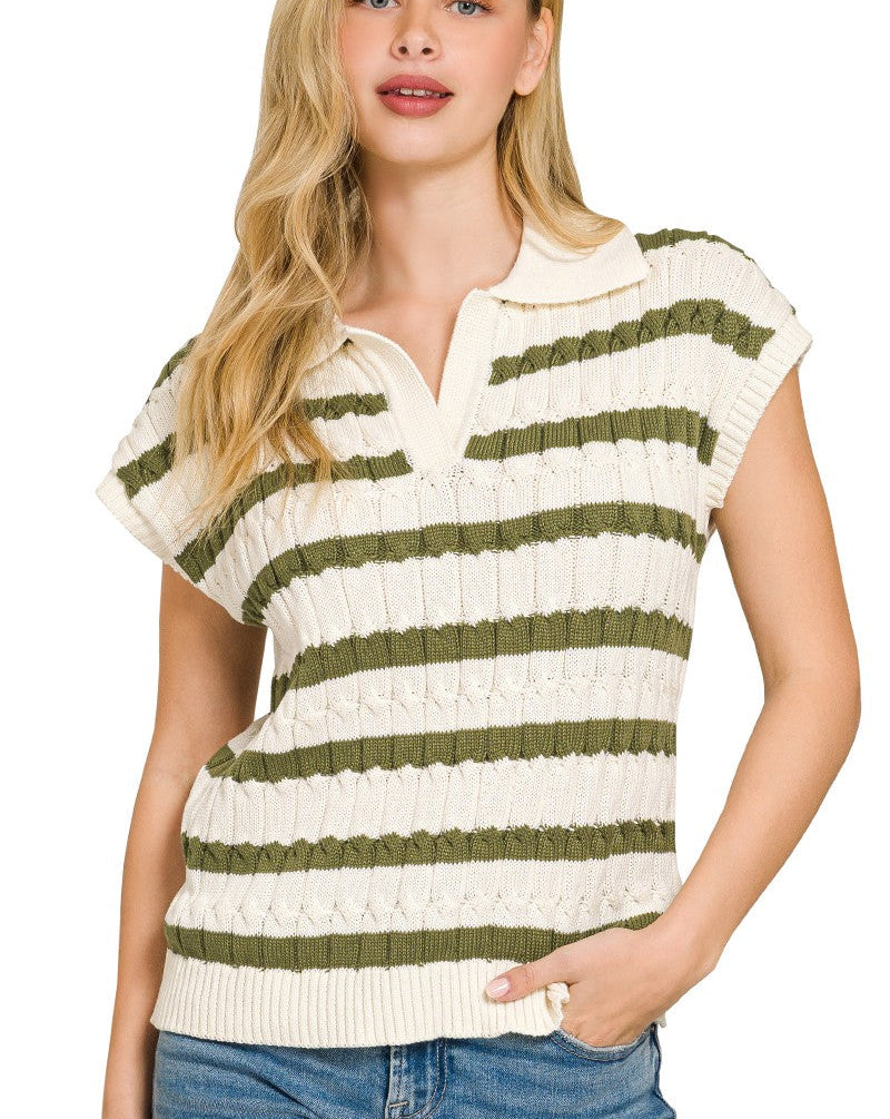 Zenana Textured Stripe Collared Sweater Vest