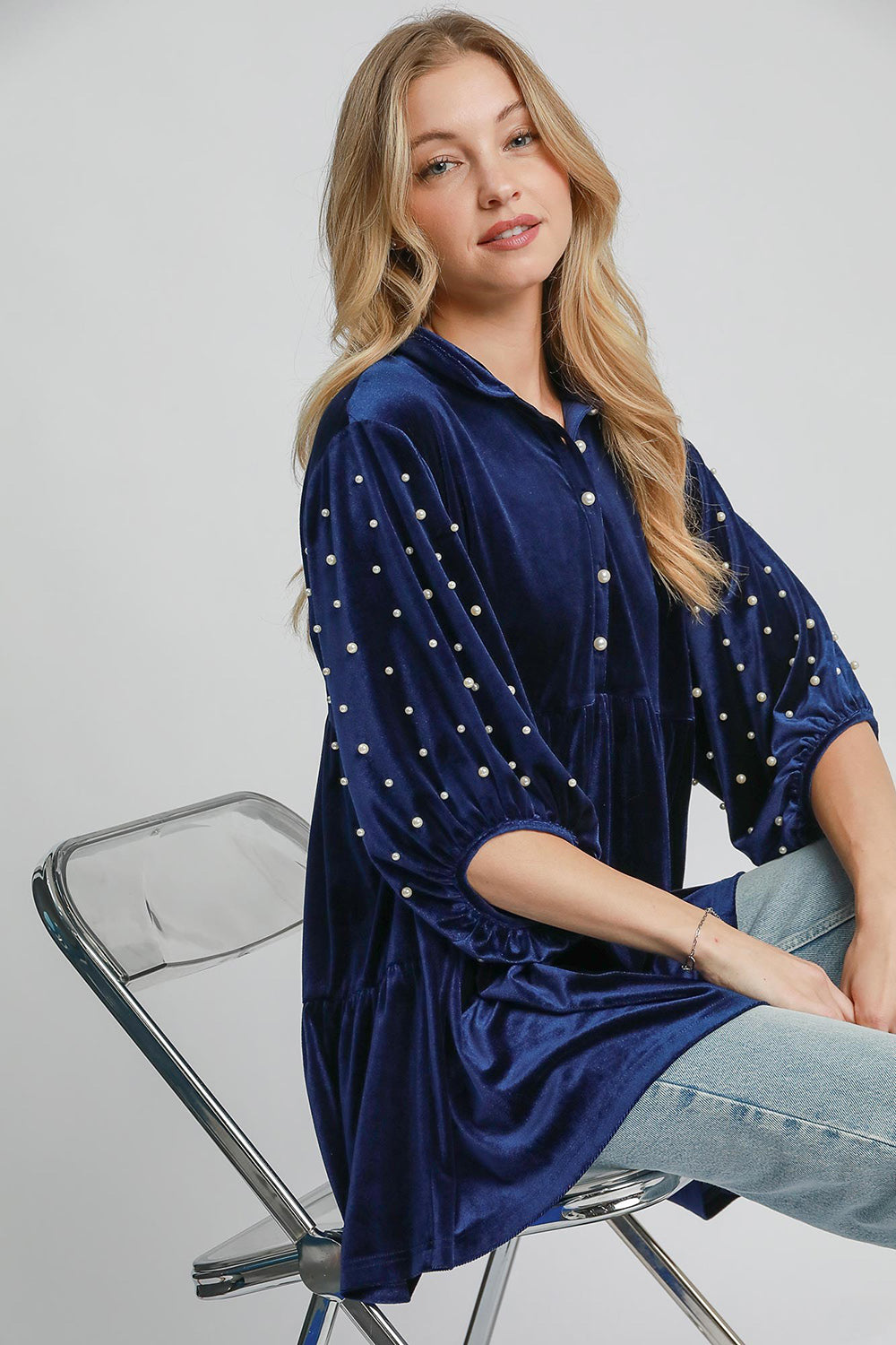 Umgee USA Pearl Babydoll Blouse Navy Women Half Sleeve Velvet Ruffle Top 3cf94c0e-7918-4522-9ee6-4429654d43a8-Max Trendsi
