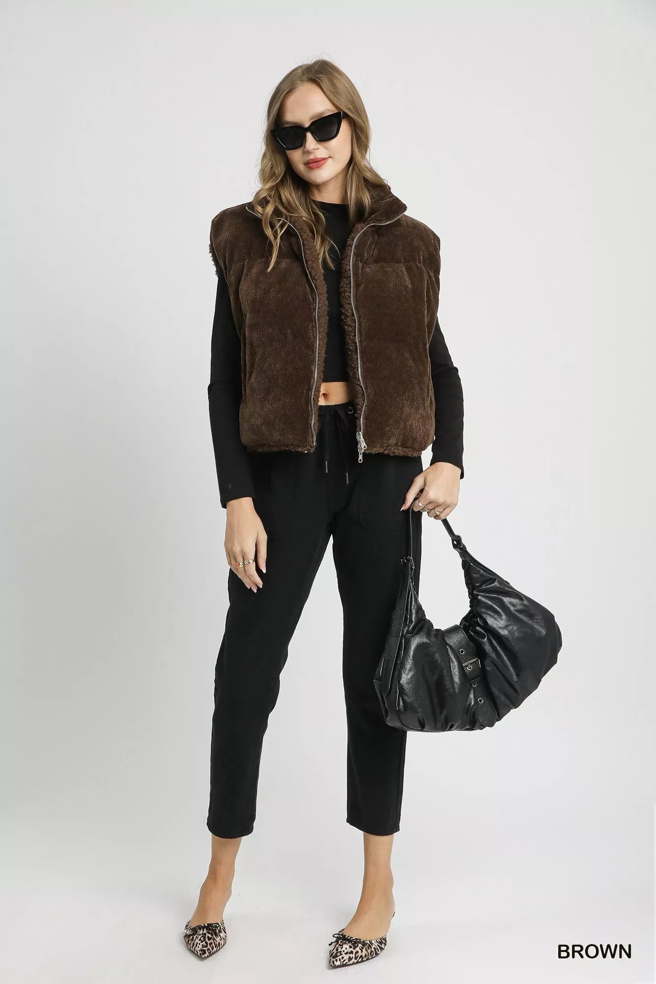 Umgee Womens Vest Coat Brown Sherpa-Lined Zip Up with Drawstring Hem 3d045841-c5f4-465e-b1a7-5757836d0834-Max-Origin Trendsi