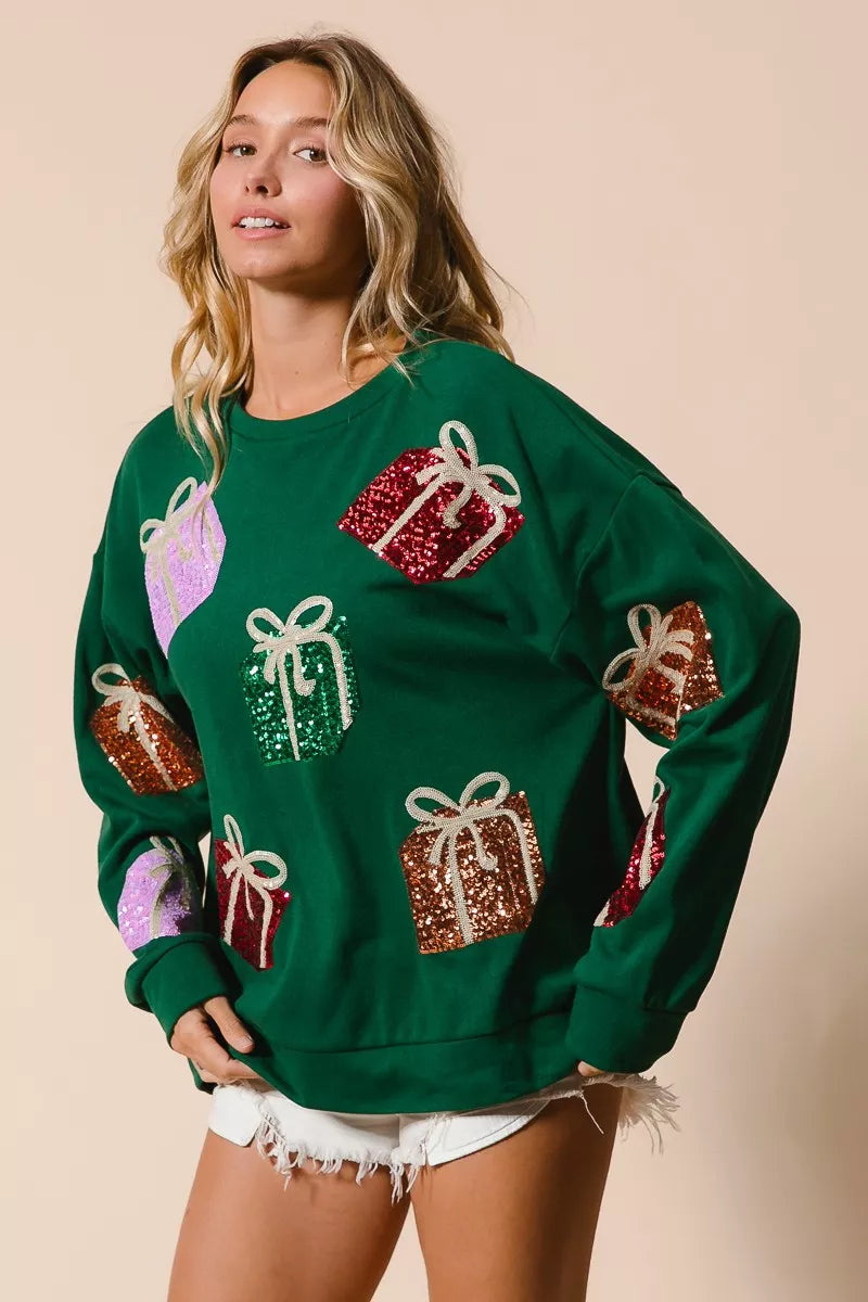 BiBi Pullover Sequin Christmas Gift Box Embroideries Green Womens Sweater 3d088faeb4114fd4ace4b1a807b68948-Max-Origin Trendsi