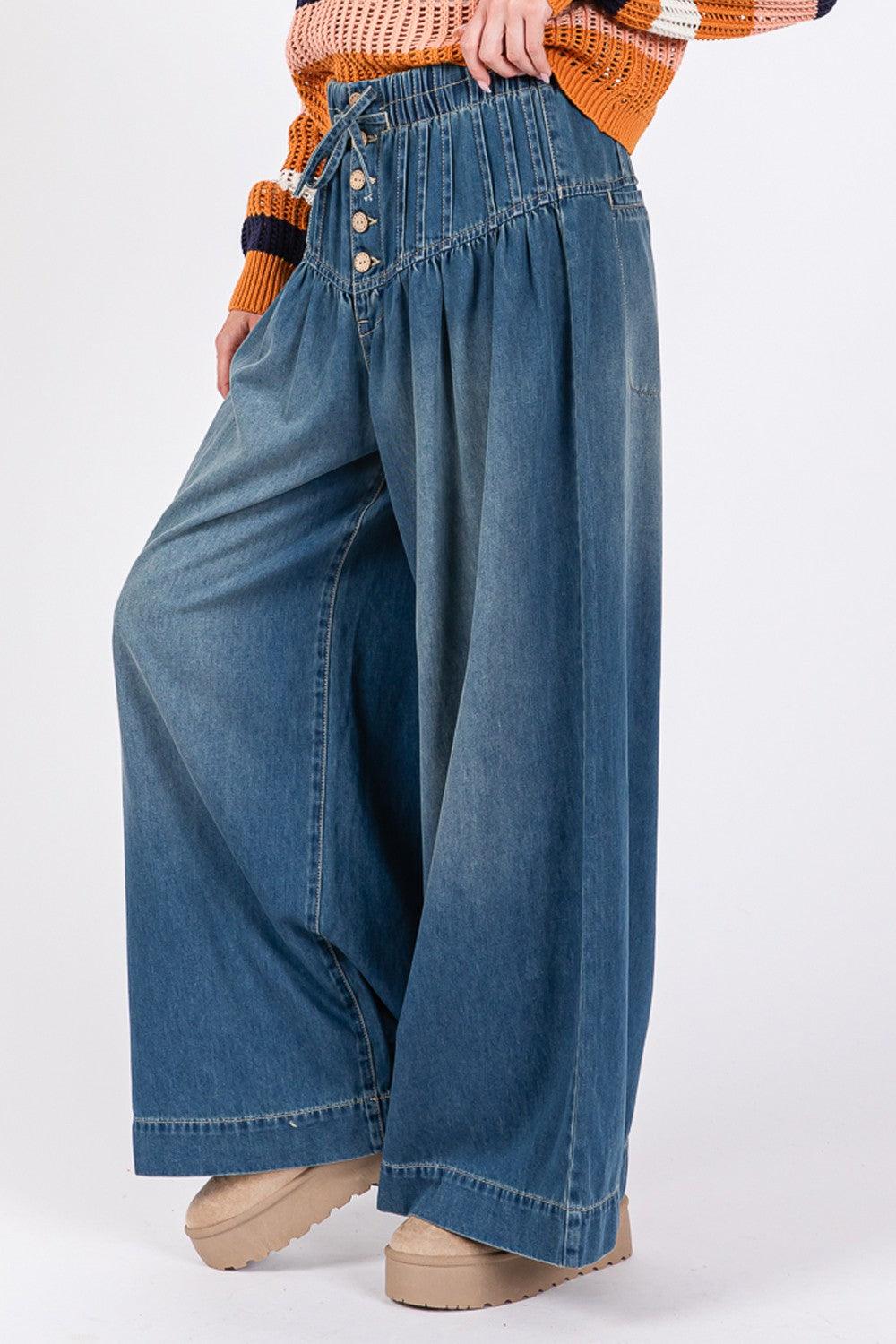 SAGE+FIG Wide Leg Jeans Smocked Waist Band Denim Pants