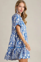 Umgee Mini Dress Flora Royal Blue Printed Notched Puff Short Sleeve 3d1f8caa-e0c5-4e6a-8502-1caca66683cc-Max Trendsi
