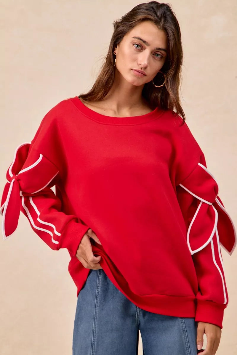 BiBi Fleece Sweatshirt Red Bow Detail Sleeves Womens Pullover 3d219037-9f04-4d7b-9648-f6b9d875083b-Max-Origin Trendsi