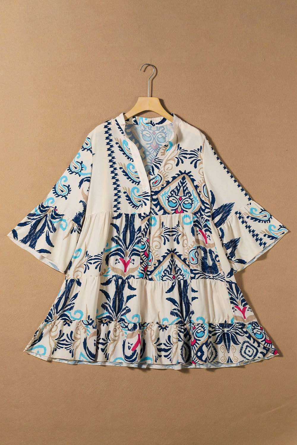 Floral Mini Dress Notched Buttoned Three-Quarter Sleeve Ruffle Short 3d251503-6ba1-4a56-bac3-a0deb0129a95-Max Trendsi