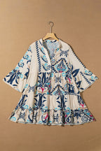 Floral Mini Dress Notched Buttoned Three-Quarter Sleeve Ruffle Short 3d251503-6ba1-4a56-bac3-a0deb0129a95-Max Trendsi