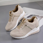 Lace-Up Wedge Sneakers with Mid Heel, PU Leather and Rubber Materials, Imported
