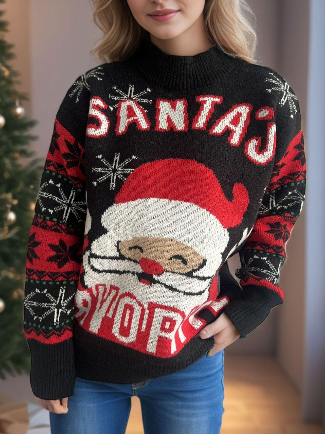 Christmas Sweater Women Santa Mock Neck Long Sleeve Basic Style Pullover