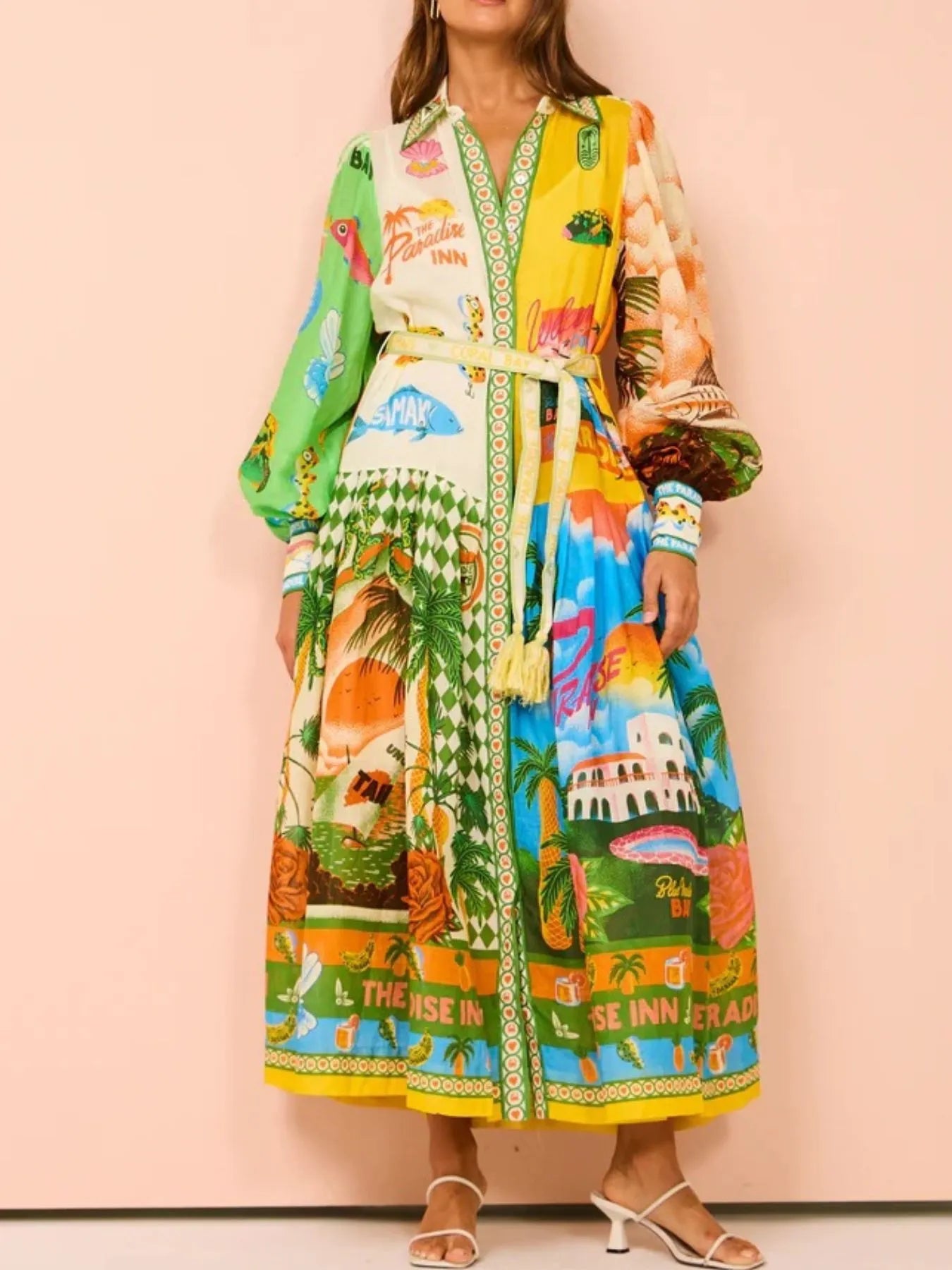 Midi Shirt Dress Multicolor Tropical Printed Lantern Long Sleeve Belted 3d543736-52ad-47d9-aca7-b7faa9eb2484-Max-Origin Trendsi