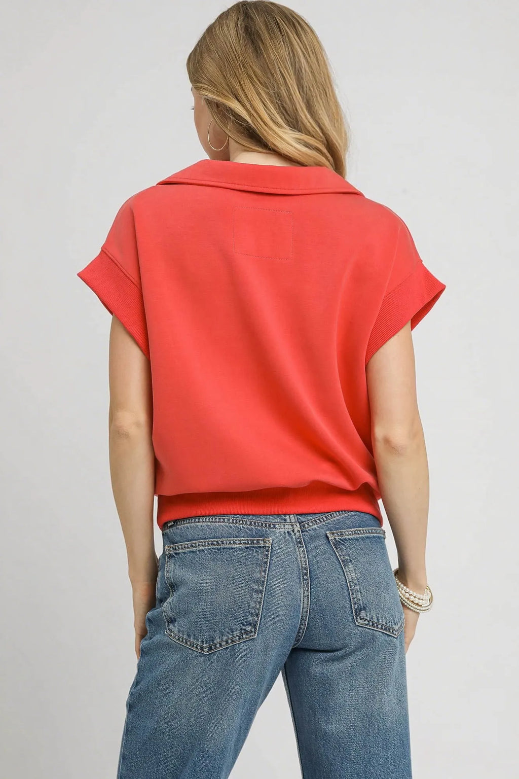 Umgee Sweatshirt Red Coral Luxe Knit Collared Short Sleeve Polo T-shirt 3d5df857-16bb-44ce-bd83-db422784c275-Max-Origin Trendsi
