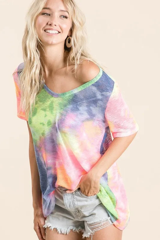 BiBi Tie Dye Print Womens T-shirt Low Gauge Deep U Neck Top 3d6804c241c0421eb43acee62620cdb1-Max-Origin Trendsi