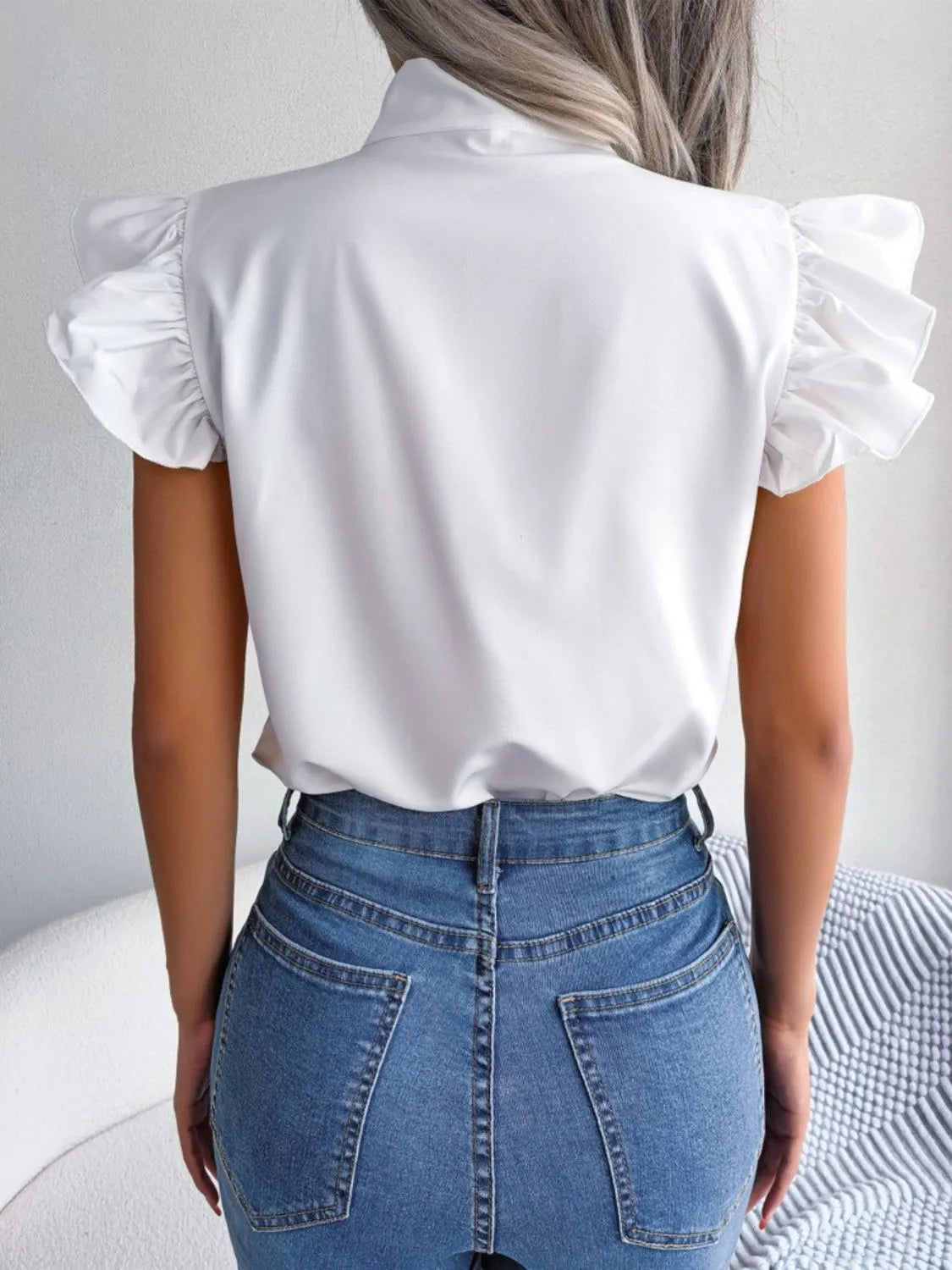 Women's Blouse Bow Tie Neck Ruffle Cap Short Sleeve Top 3d6a2a65-7a89-4793-9318-56375bd66496-Max-Origin Trendsi
