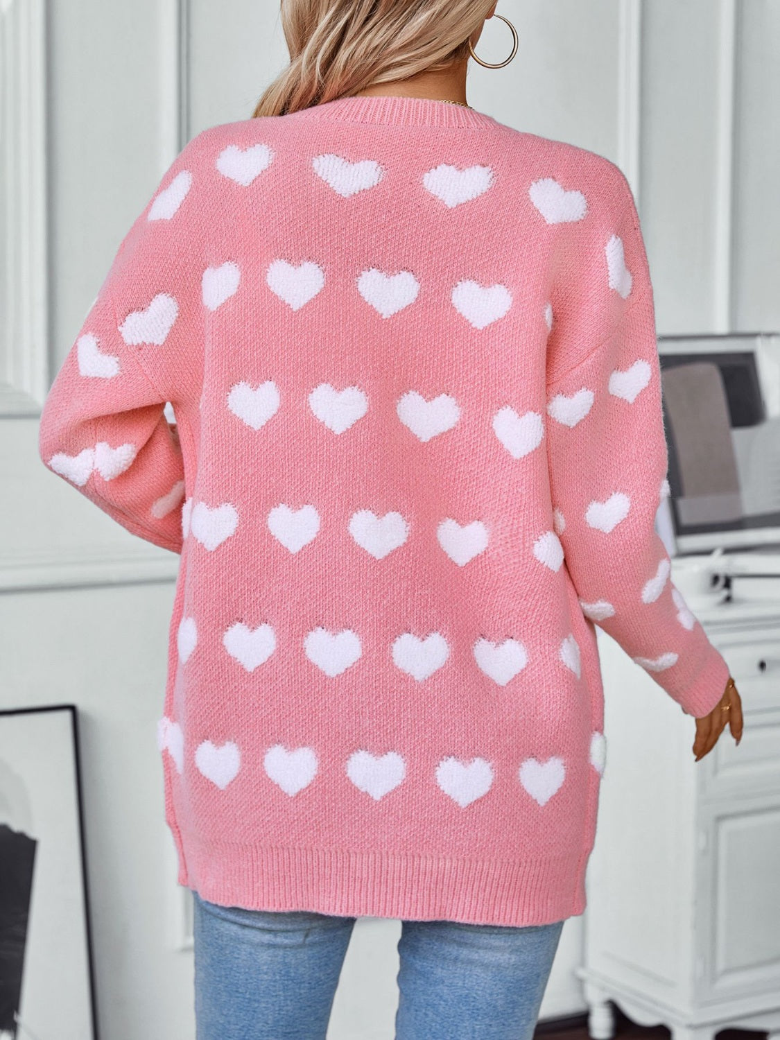 Women Cardigan Heart V-Neck Button Up Long Sleeve Soft Acrylic Knitwear