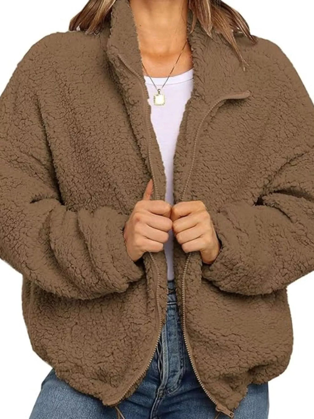 Womens Fleece Jacket Cozy Soft Zip Up Plus Sizes S-3XL Taupe 3d736630-8806-4bcc-bb9f-004df69b609a-Max-Origin Trendsi