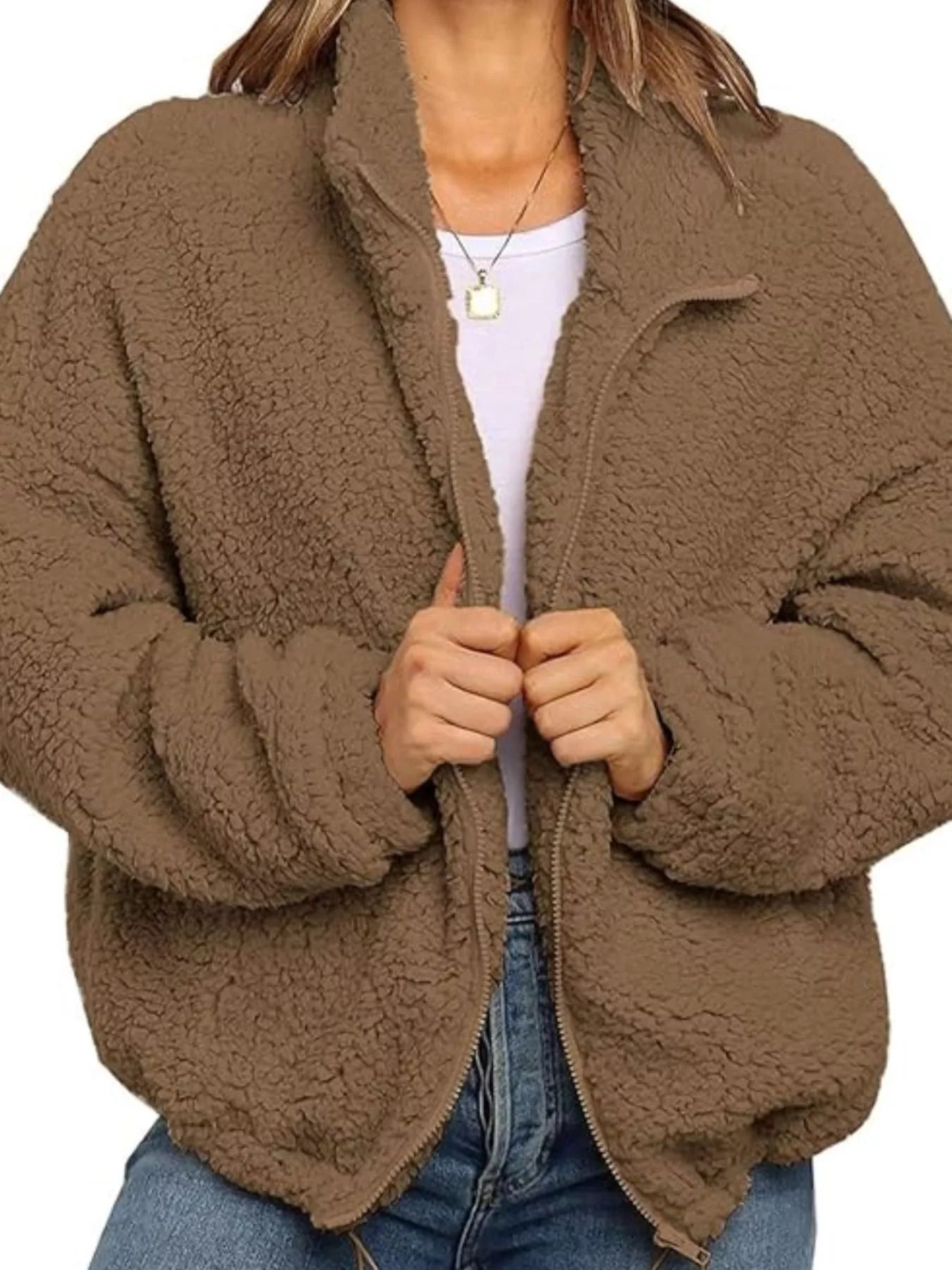 Womens Fleece Jacket Cozy Soft Zip Up Plus Sizes S-3XL Taupe