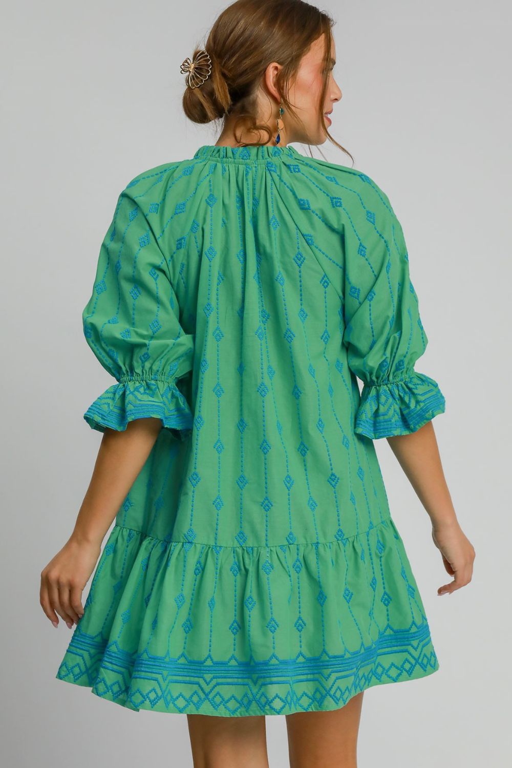 Umgee Cotton Mini Dress Green Embroidered Tassel Ruffle 3/4 Sleeve S-2XL 3d7624b1-4326-43b1-89d5-f5faff6a50bf-Max Trendsi