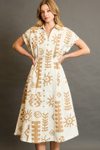Umgee Midi Dress Tan Abstract Print Elastic Waist Collared Short Sleeve Tan 3d7af0aa-cdc9-4c15-82ba-991910204504-Max Trendsi
