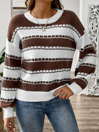 Striped Sweater Round Neck Long Sleeve Knitwear Chocolate 3d7e0b21-b66c-4a8a-91f2-004898277d3f-Max Trendsi