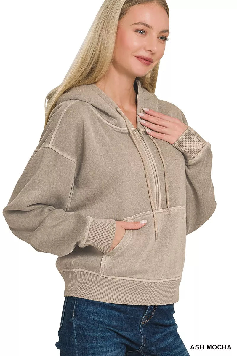 Zenana Fleece Hoodie Ash Mocha Pigment Dye Half Zip Kangaroo Pocket 3d8e63934b98483a95506b1a0dd8287e-Max-Origin Trendsi