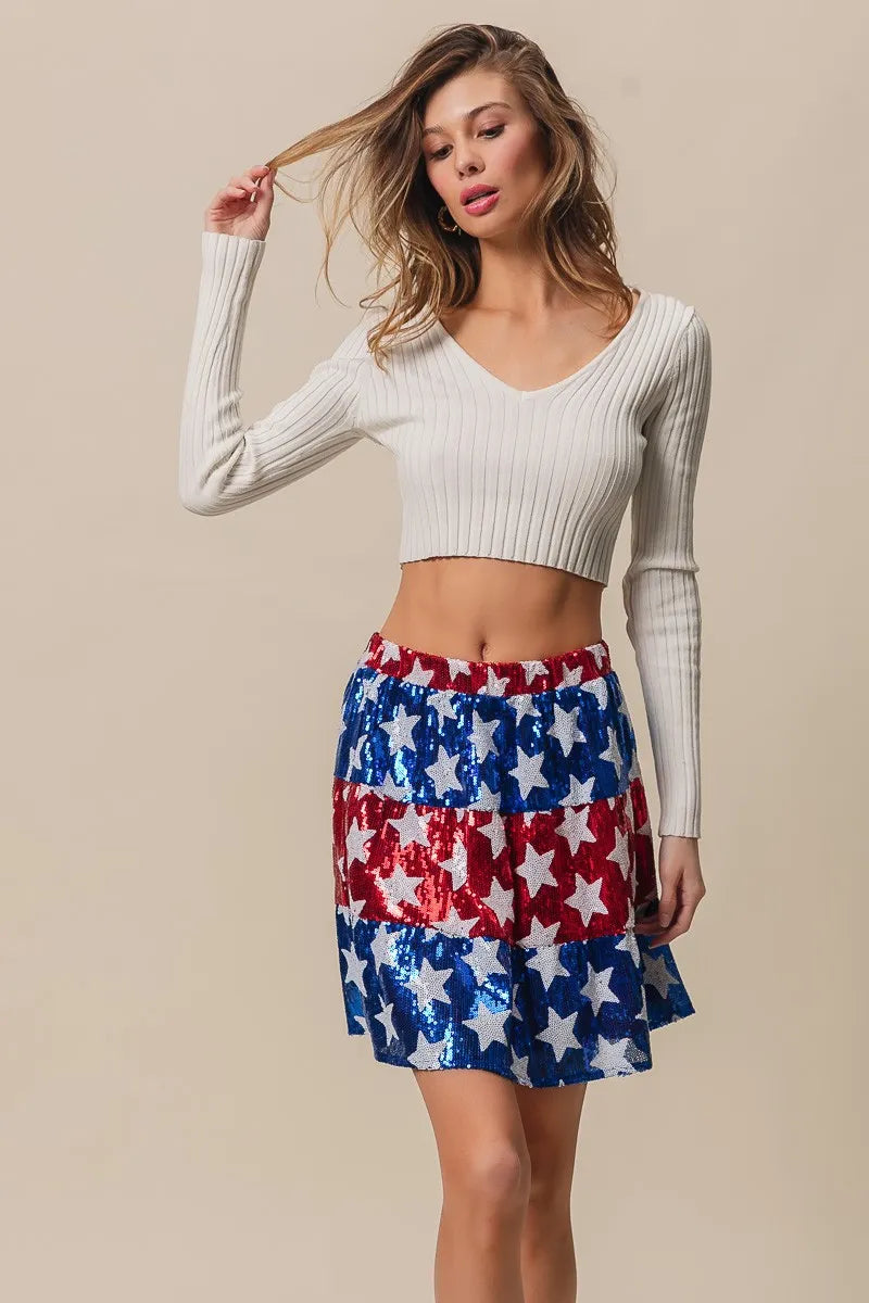 BiBi Sequin Skirt American Flag Theme Star Tiered Short Layered 3d9d4b934369477f904ffa156180a20d-Max-Origin Trendsi