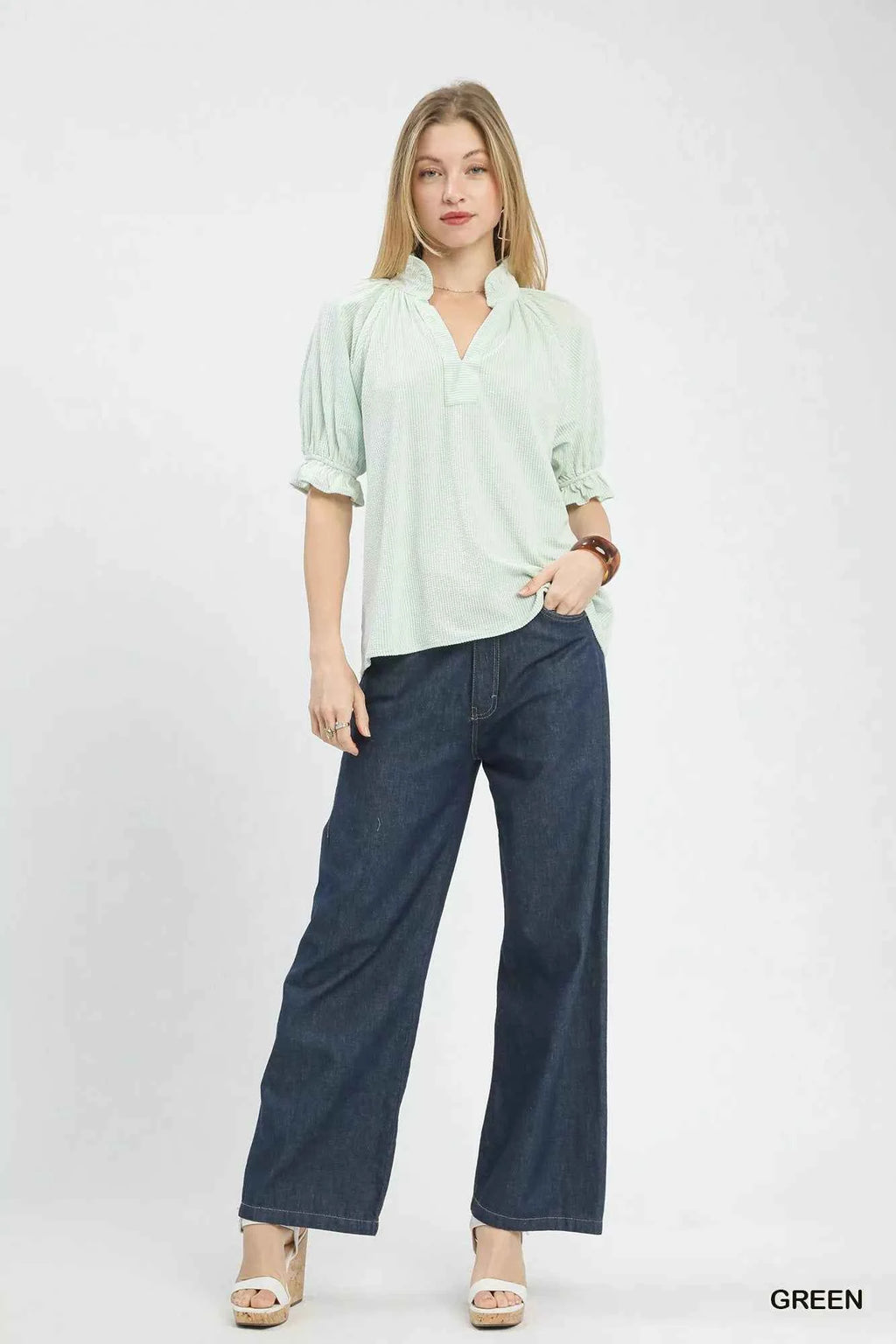 Umgee Blouse Textured Light Green Ruffle Short Sleeve V-Neck Top 3da2b310-b3e7-4685-89fc-95f926066a8a-Max-Origin Trendsi