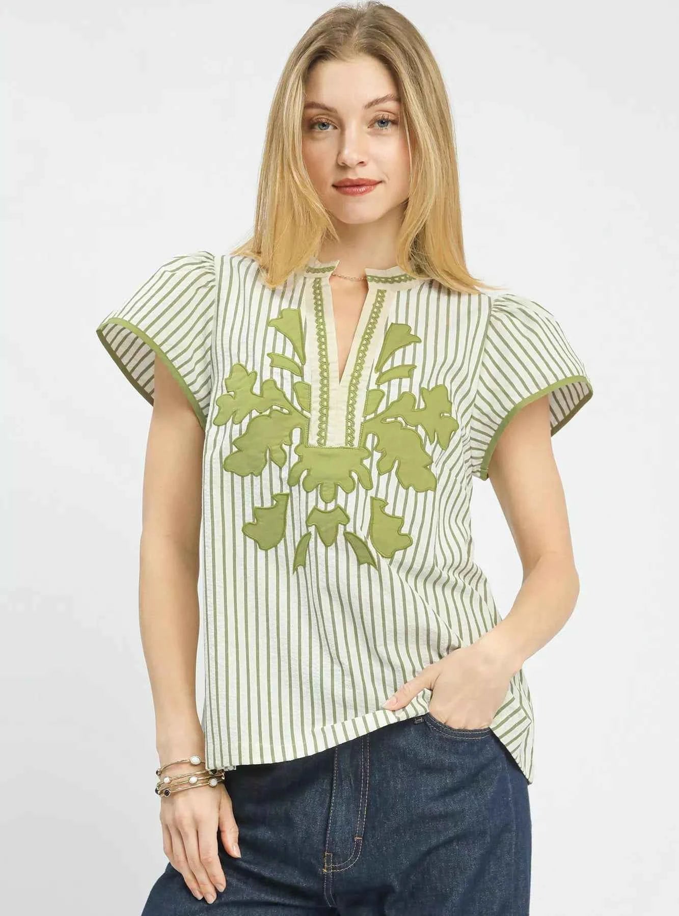 Umgee Blouse V-Neck Avocado Green Stripe Embroidered Top with Lace Trim AVOCADO 3da8b5f2-3746-4524-a30b-bffc275b6428-Max-Origin Trendsi