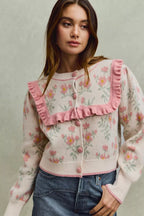 SO ME Womens Sweater Cardigan Beige Pink Flower With Ruffle Detailing 3daf5117d21c420fa422b2095b2b0b2e-Max-Origin Trendsi