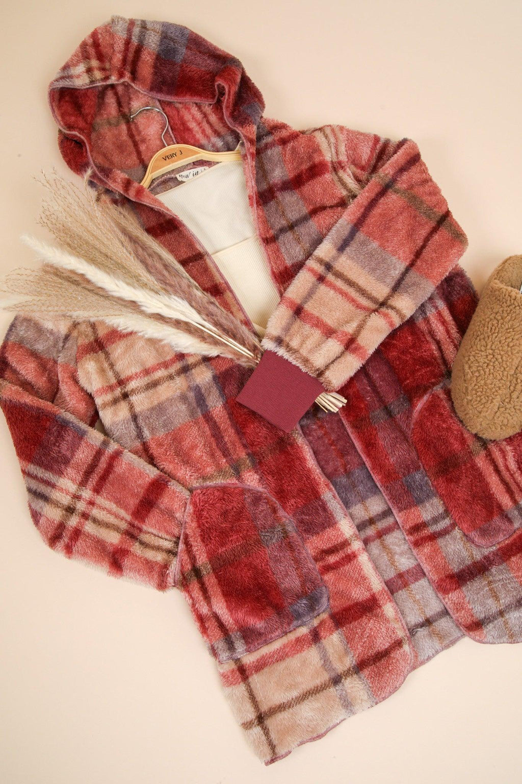 VERY J Fuzzy Plaid Long Sleeve Hooded Jacket Open Pocketed 3dd663db-9854-44ad-b01b-8117ee8d0f97-Max Trendsi