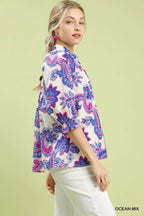 Umgee Womens Blouse Ocena Blue Mix Paisley Print Button Front with Scallop Trim 3dd70d0d-a5c2-4f3b-8bac-eff0c7742054-Max-Origin Trendsi