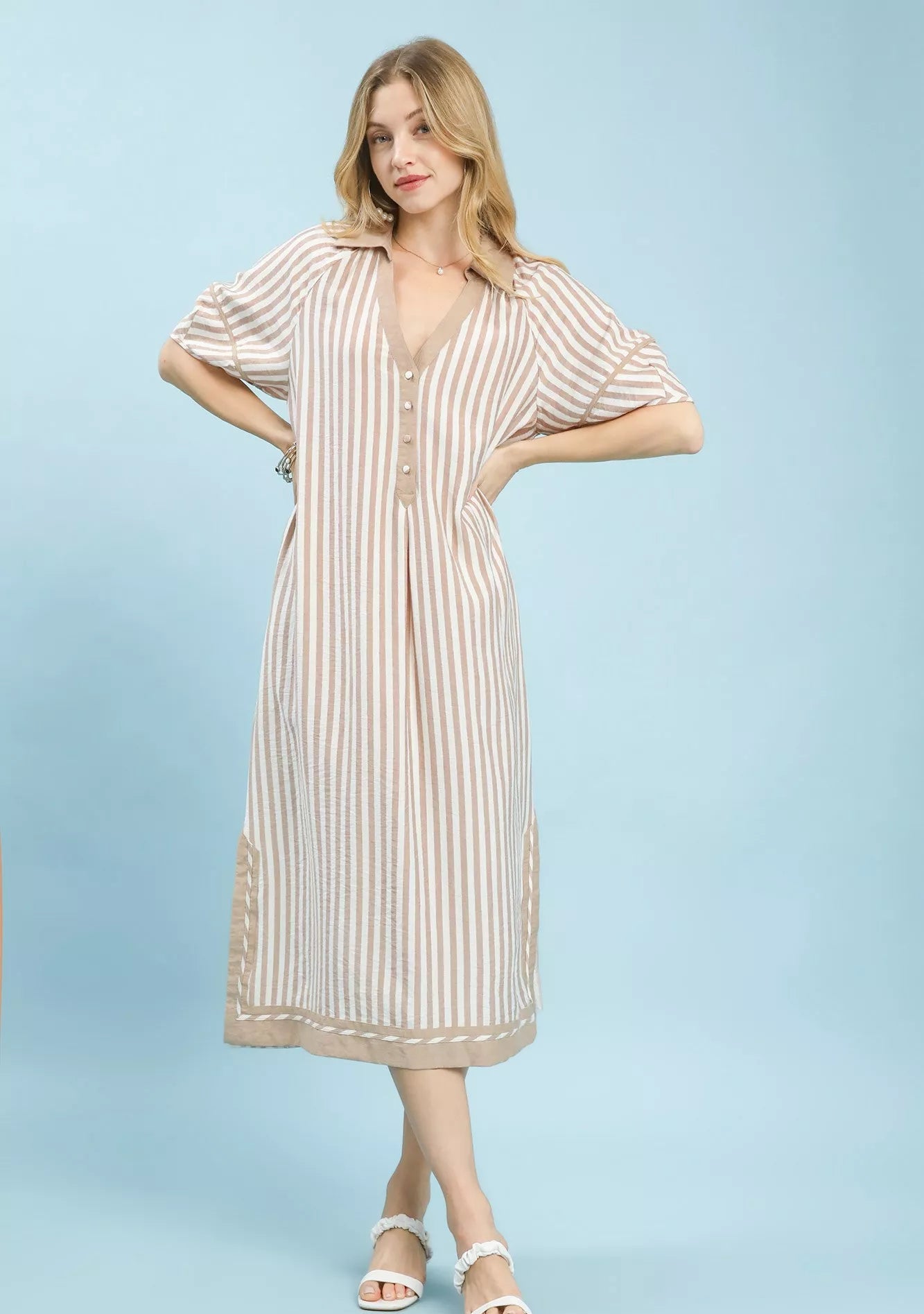Umgee Midi Dress Latte Coastal Stripe with Side Slit Buttoned Short Sleeve LATTE 3ddeb148-dcf1-41e0-8469-7a989749b0fe-Max-Origin Trendsi