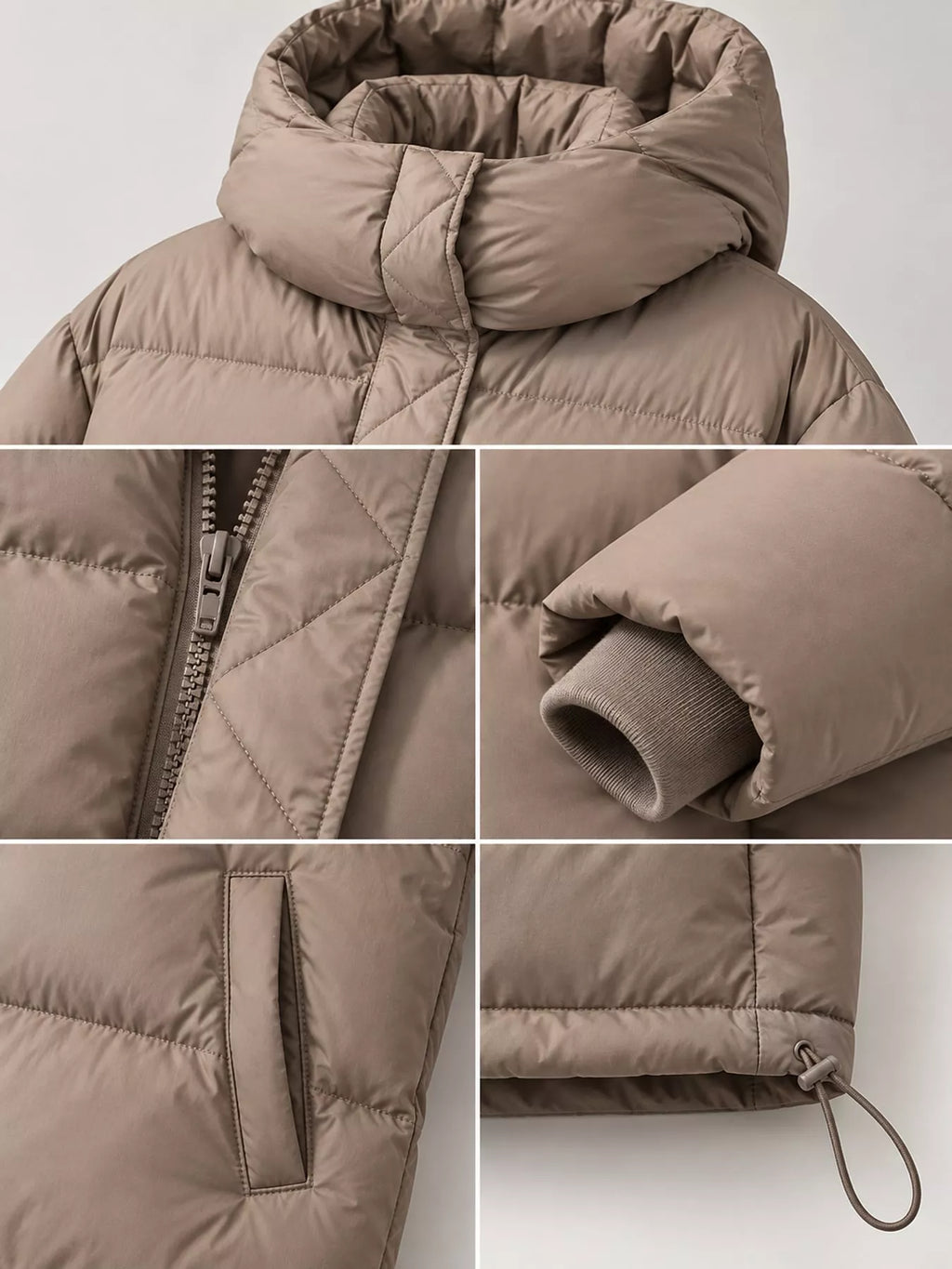 Composite image of taupe puffer jacket details including padded hood, ribbed cuffs, and vertical pocket