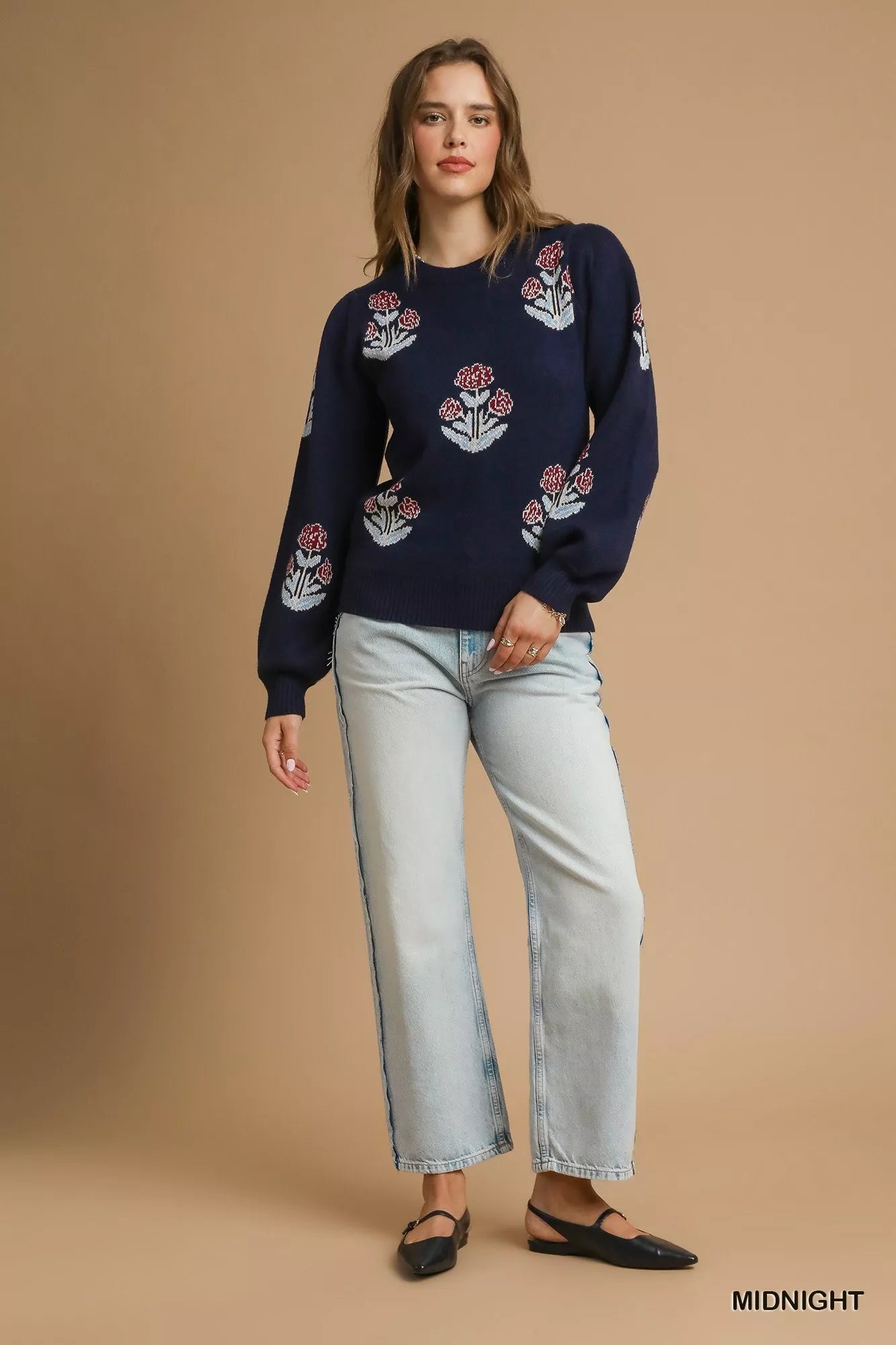 Umgee Womens Floral Knit Sweater Midnight Blue with Puff Sleeves 3de16833-bc1e-4318-9d4e-fb5f788dd615-Max-Origin Trendsi