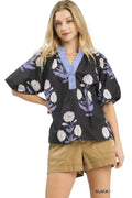 Umgee Women's Floral Print V-Neck Top with Buttoned Detail and Puff Sleeves