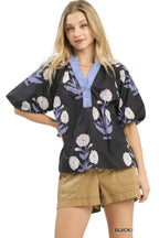 Umgee Women's Floral Print V-Neck Top with Buttoned Detail and Puff Sleeves