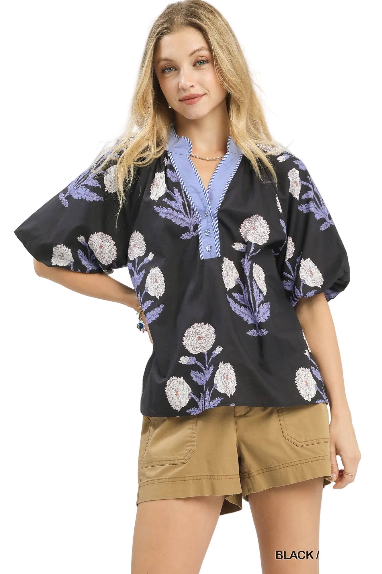 Umgee Women's Floral Print V-Neck Top with Buttoned Detail and Puff Sleeves