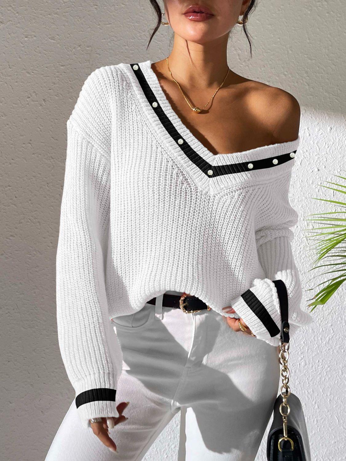 Sweater Beaded Contrast Trim V-Neck Long Sleeve Knitwear 3dec86b1-dd3c-46d6-8f7c-de934e0ce006-Max Trendsi
