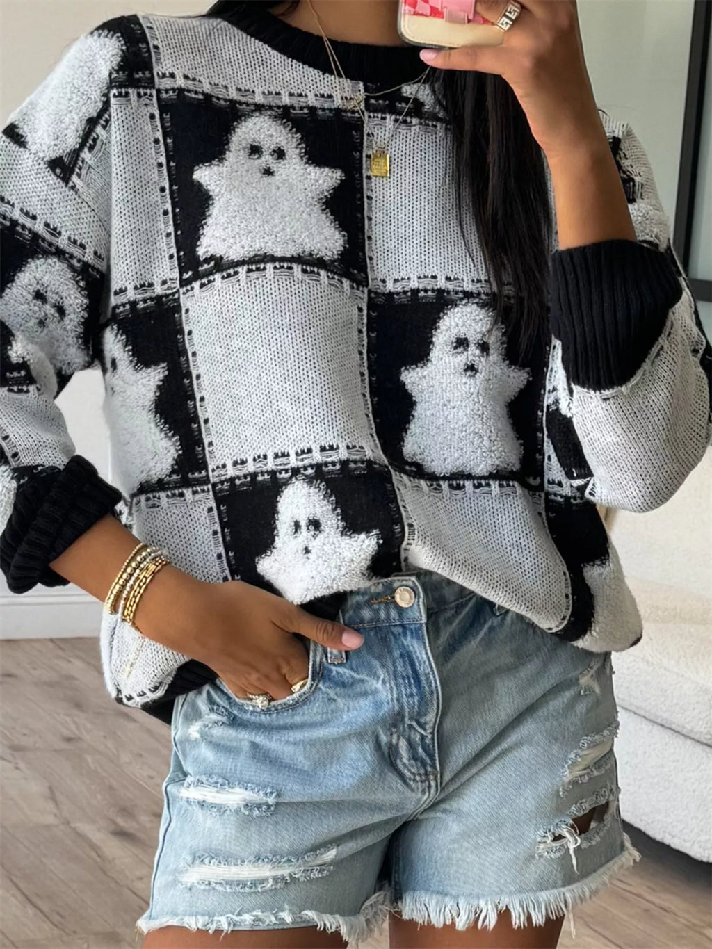 Women's Sweater Halloween Ghost Checkered Drop Shoulder Long Sleeve Black White 3df3b993081046389aab6eea92ab9c89-Max-Origin Trendsi