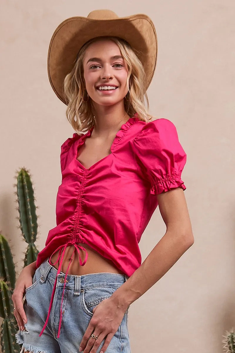 BiBi Top Hot Pink Ruffled Square Neck With Front Ruched Puff Sleeve 3df94bc8c1014d0eb2f695a201d04065-Max-Origin Trendsi